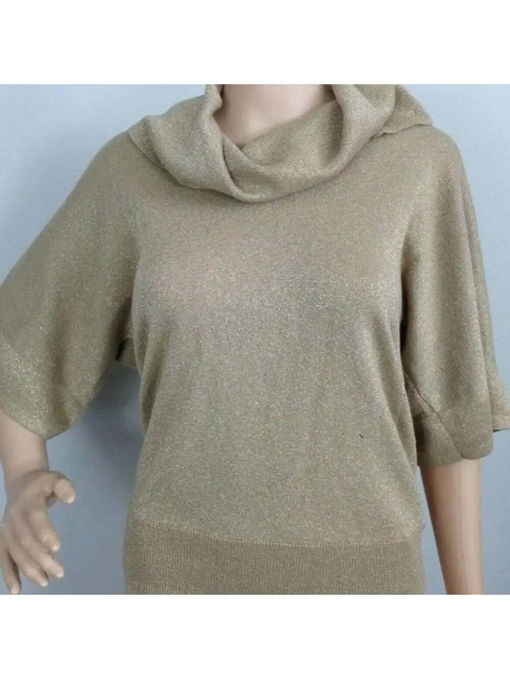 Michael Kors Gold Shimmer Cowl Neck Sweater XL Metallic Knit 3/4 Sleeve LKNW